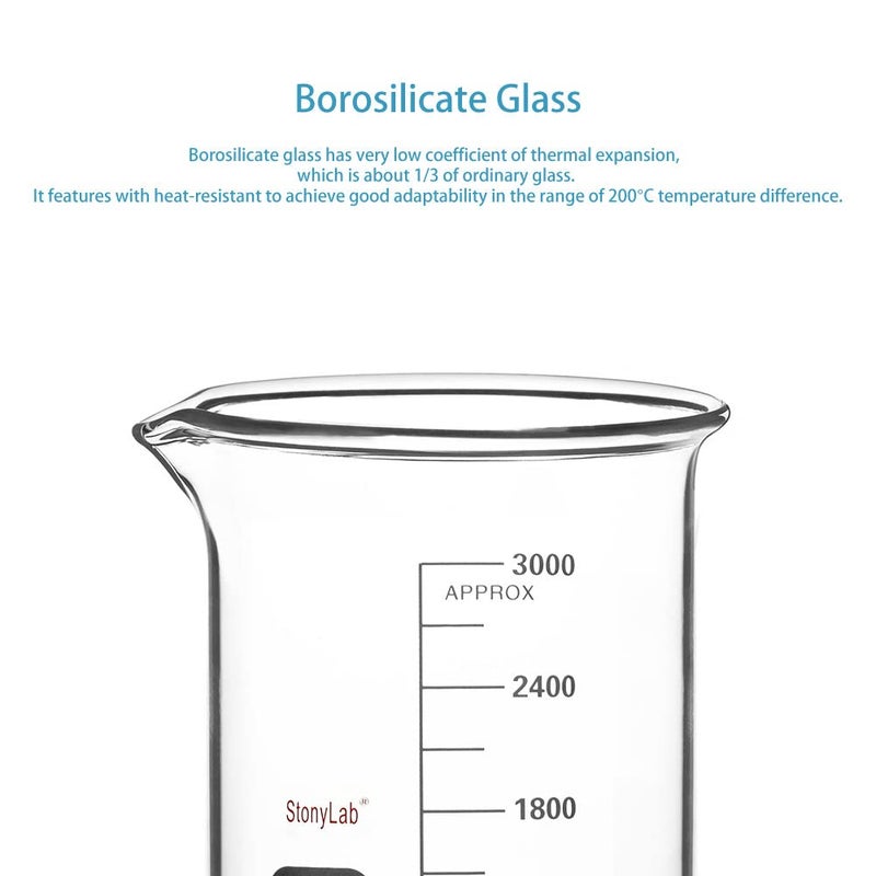 stonylab كوب زجاجي 1 عبوة زجاج بوروسيليكات متدرج شكل منخفض كوب غريفين مع فوهة صب، 3000 مل - Image 3